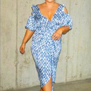 Never Fully Dressed Blue Cold Shoulder Wrap dress